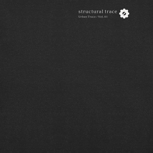 Minimalist gear symbol logo detail on black t-shirt, Japanese industrial streetwear aesthetic.