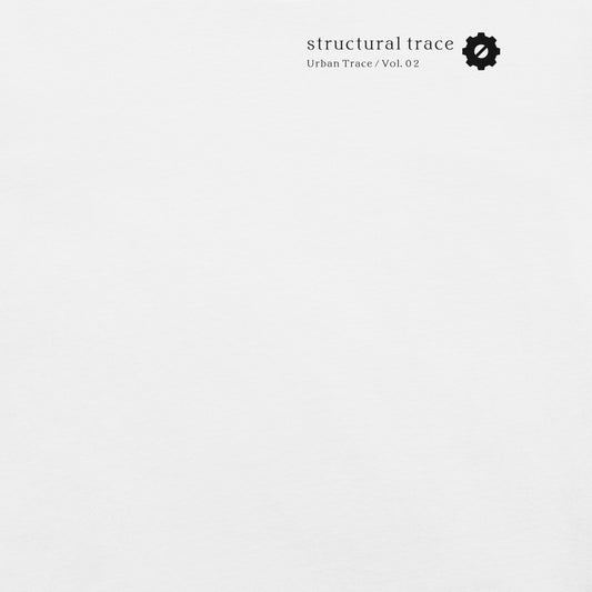 Minimalist gear symbol logo detail on white t-shirt, Japanese industrial streetwear aesthetic.
