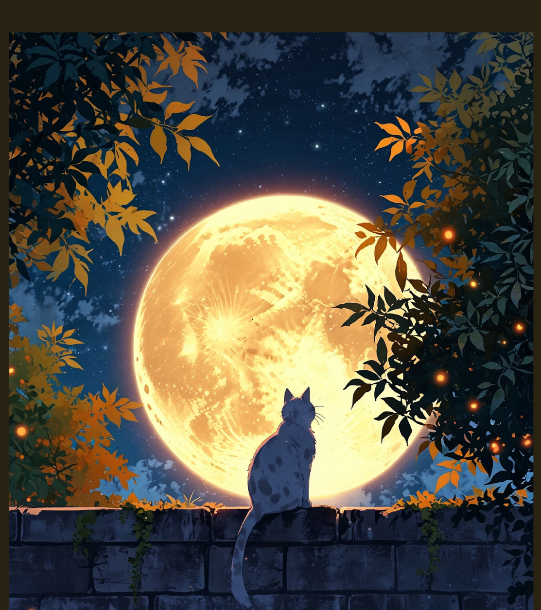 KASANE NIPPON gallery showcase: Nostalgic Japanese nightscape illustration with full moon, urban feline, and classic Waka poetry.