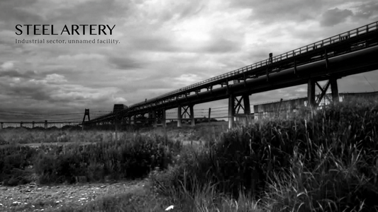STEEL MONOLITH artwork: black-and-white view of a massive bridge structure under night lights near Tokyo Bay.