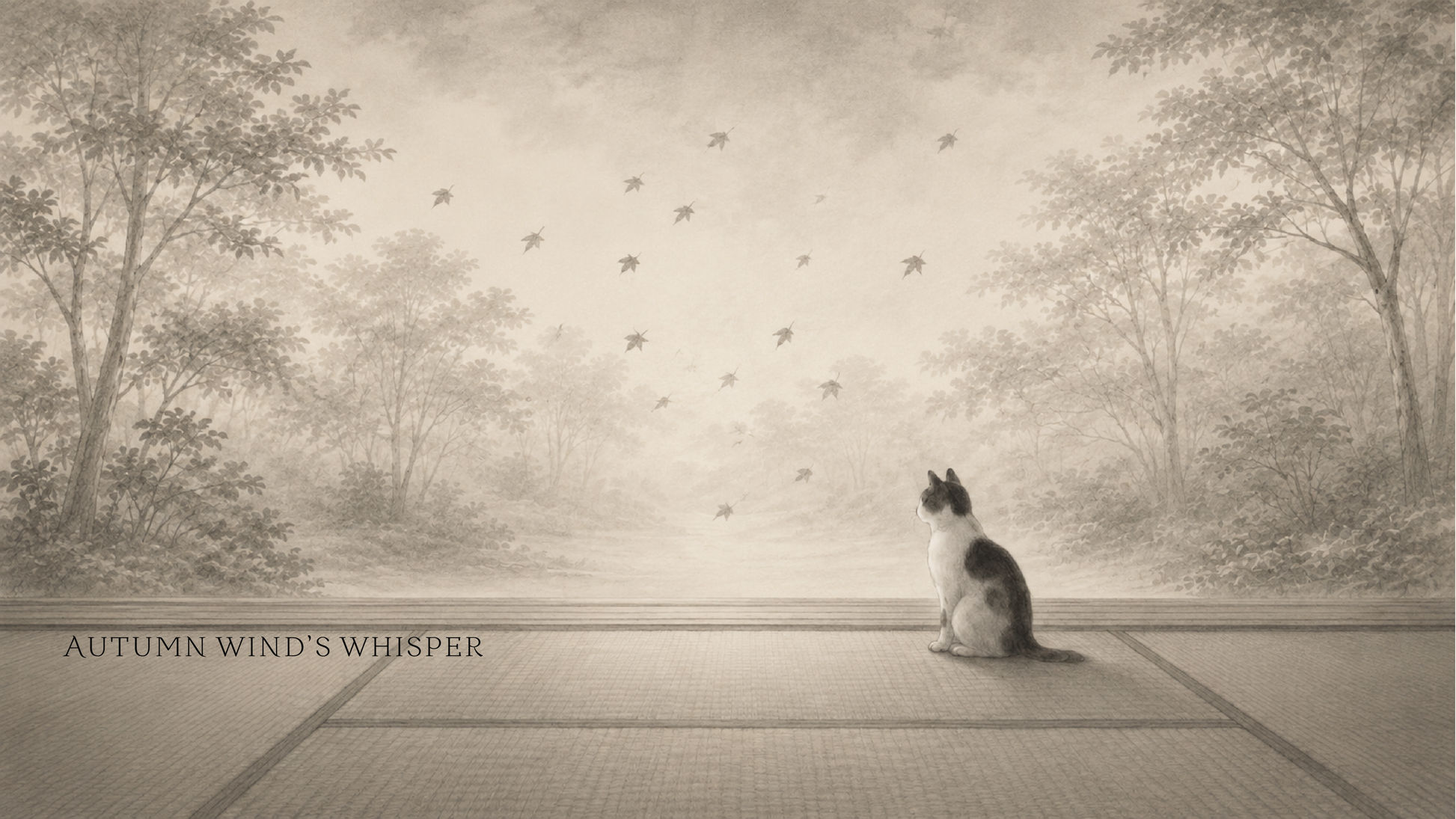 AUTUMN WIND'S WHISPER artwork: a cat sitting in a quiet tatami room as autumn leaves drift outside.