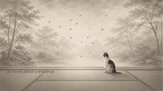 AUTUMN WIND'S WHISPER artwork: a cat sitting in a quiet tatami room as autumn leaves drift outside.