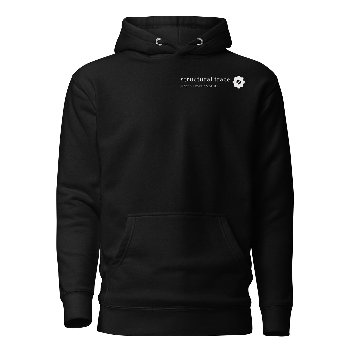 Front view of black minimalist Japanese streetwear hoodie with subtle chest insignia.