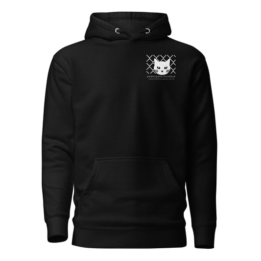 Front view of black minimalist Japanese streetwear hoodie with subtle feline chest insignia.