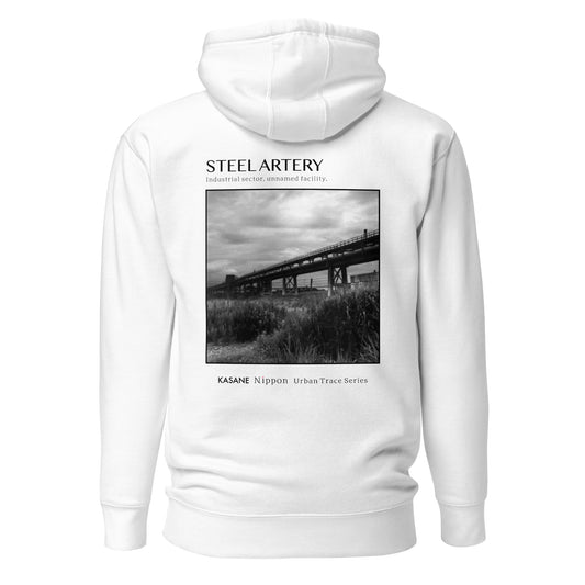 Back view of white minimalist Japanese graphic hoodie featuring monochrome industrial pipeline photography.
