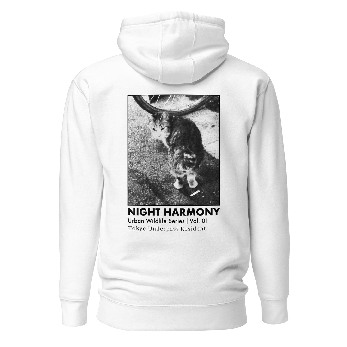Back view of white minimalist Japanese graphic hoodie featuring monochrome urban street cat photography.