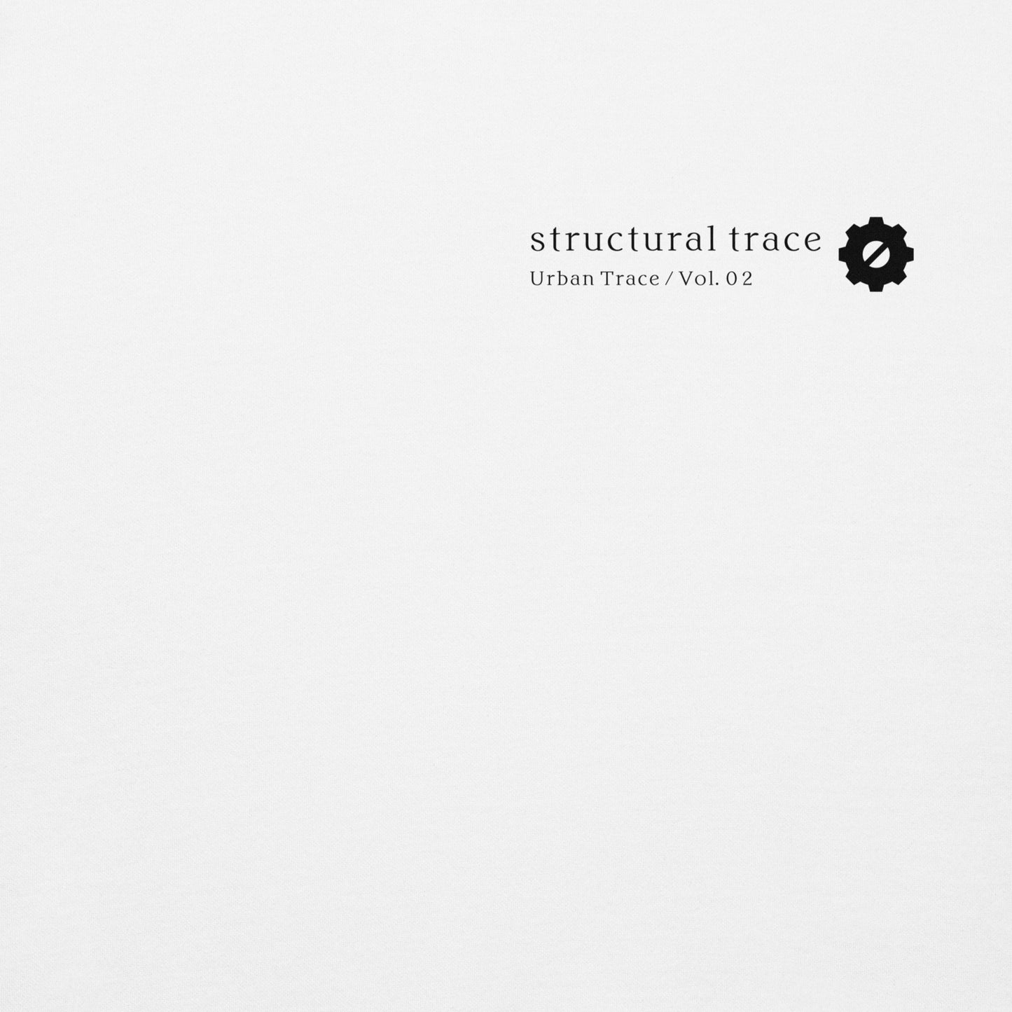 Minimalist gear symbol logo detail on white hoodie, Japanese industrial streetwear aesthetic.