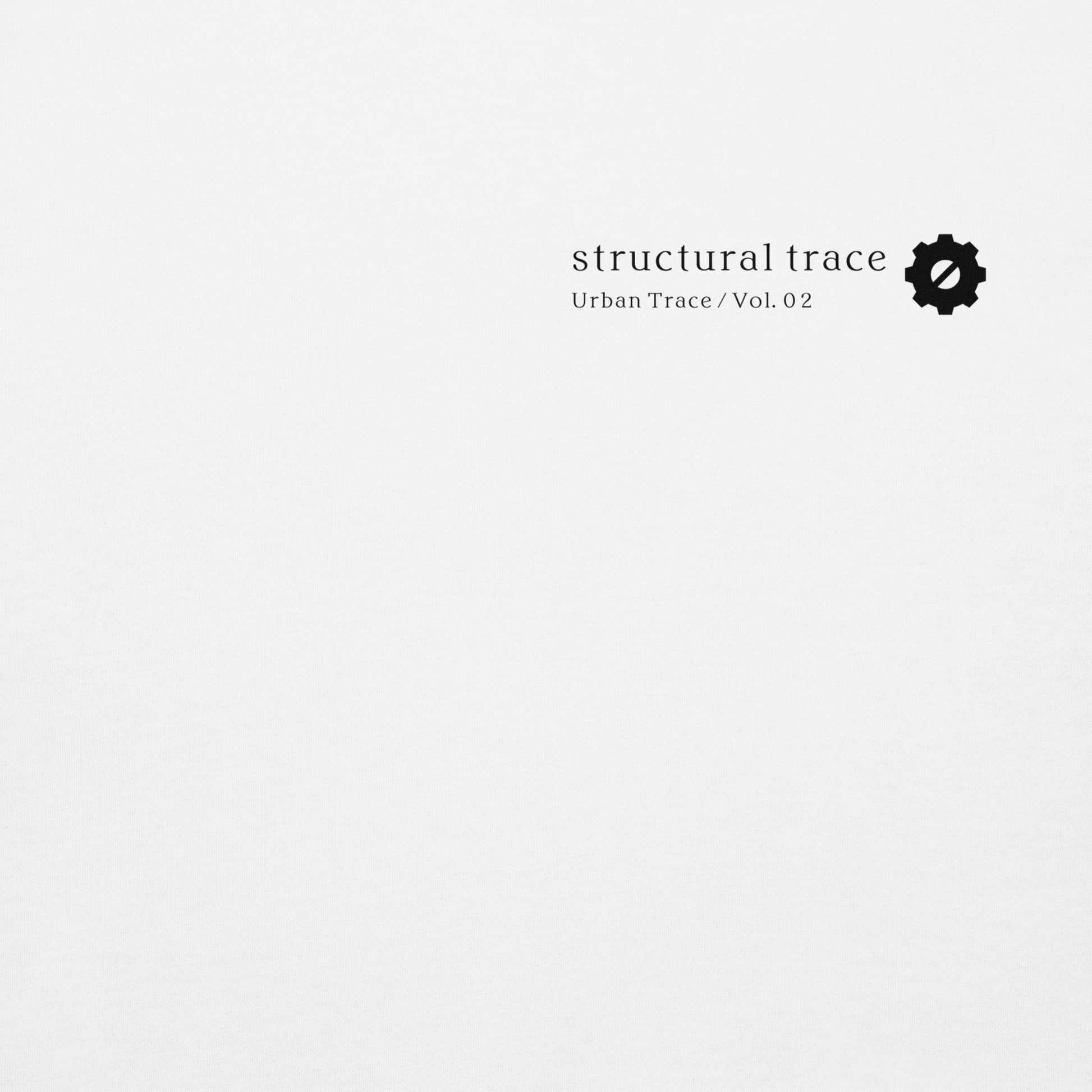 Minimalist gear symbol logo detail on white hoodie, Japanese industrial streetwear aesthetic.