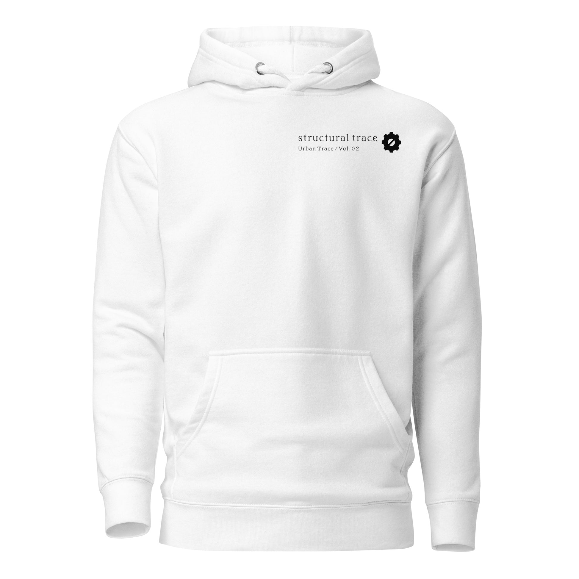 Front view of crisp white minimalist Japanese streetwear hoodie with subtle gear chest insignia.