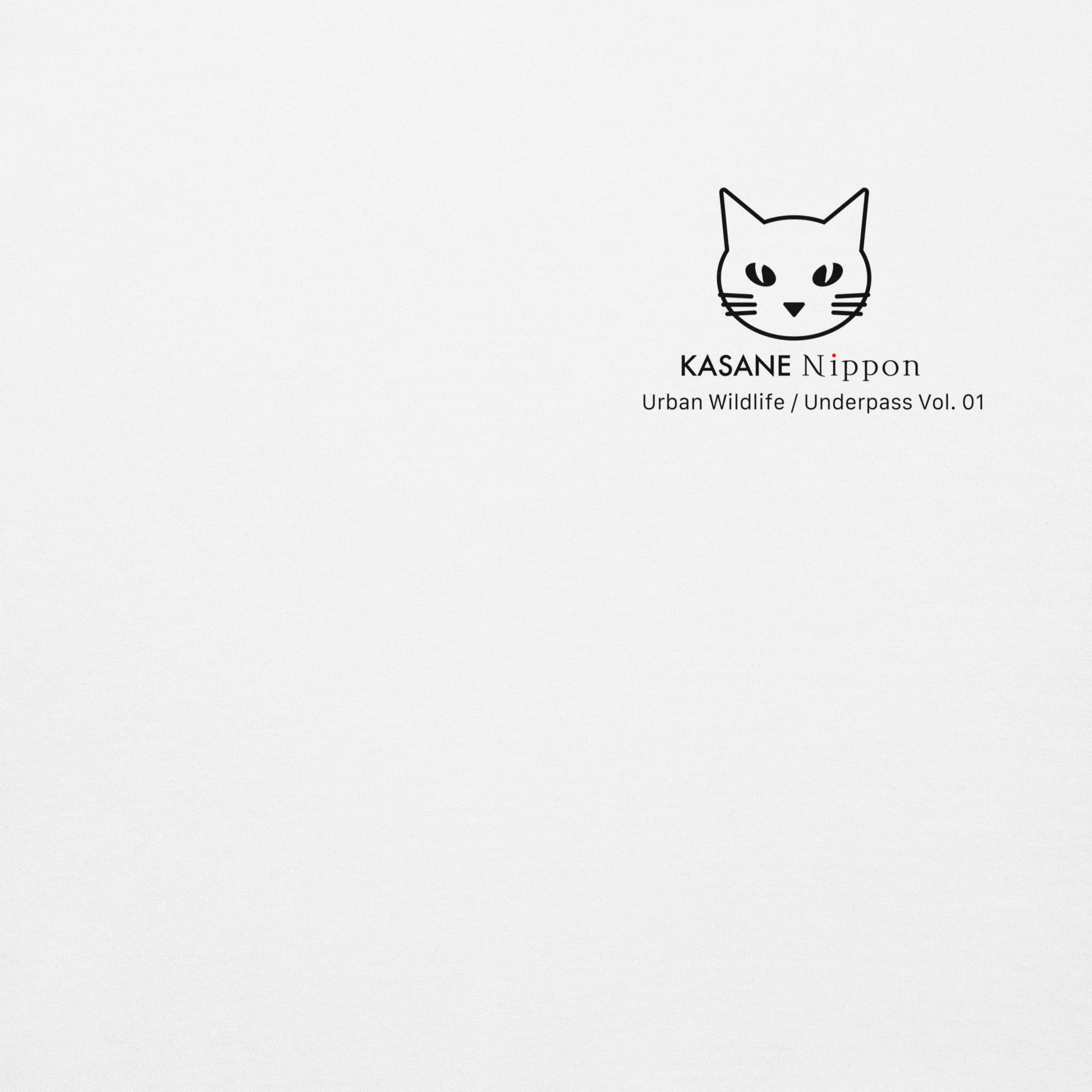 Minimalist chest insignia logo detail on white hoodie, Japanese urban streetwear aesthetic.