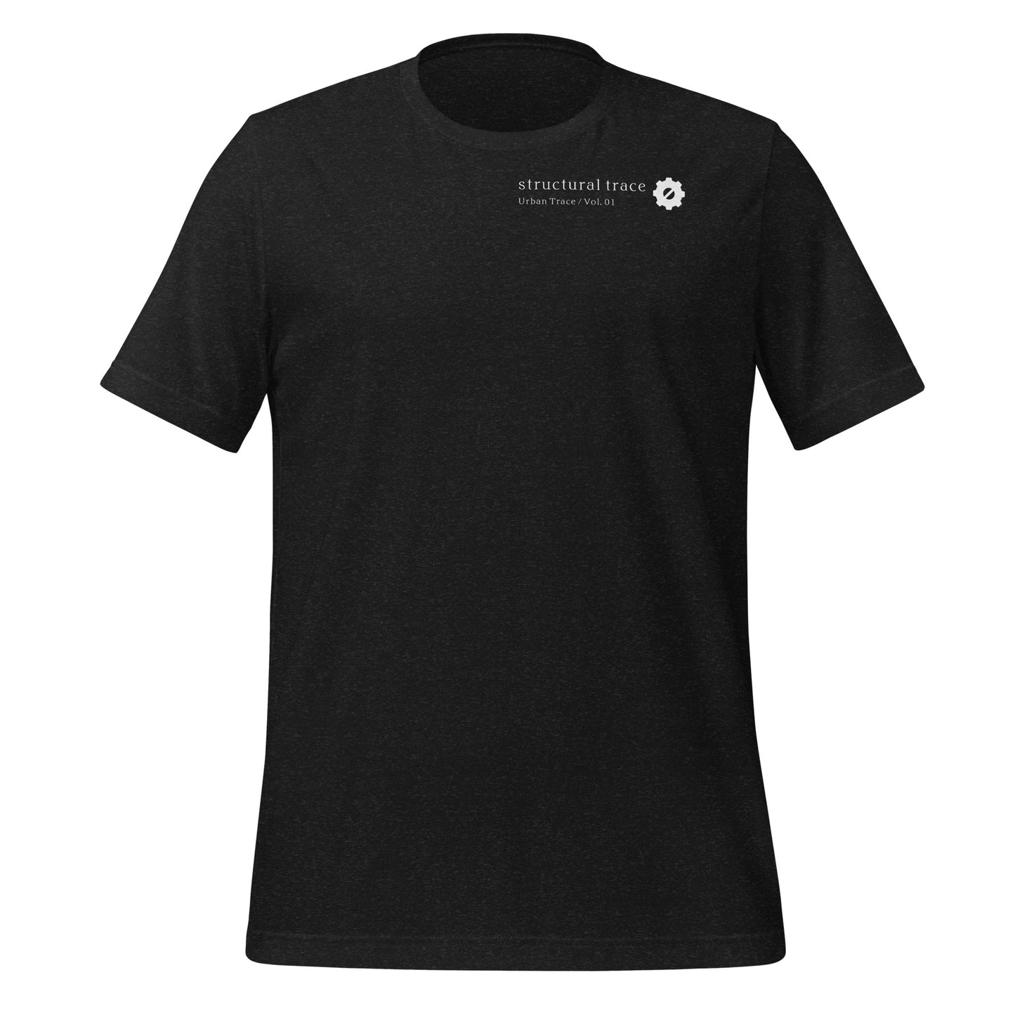 Front view of blank black minimalist Japanese streetwear t-shirt with subtle chest insignia.