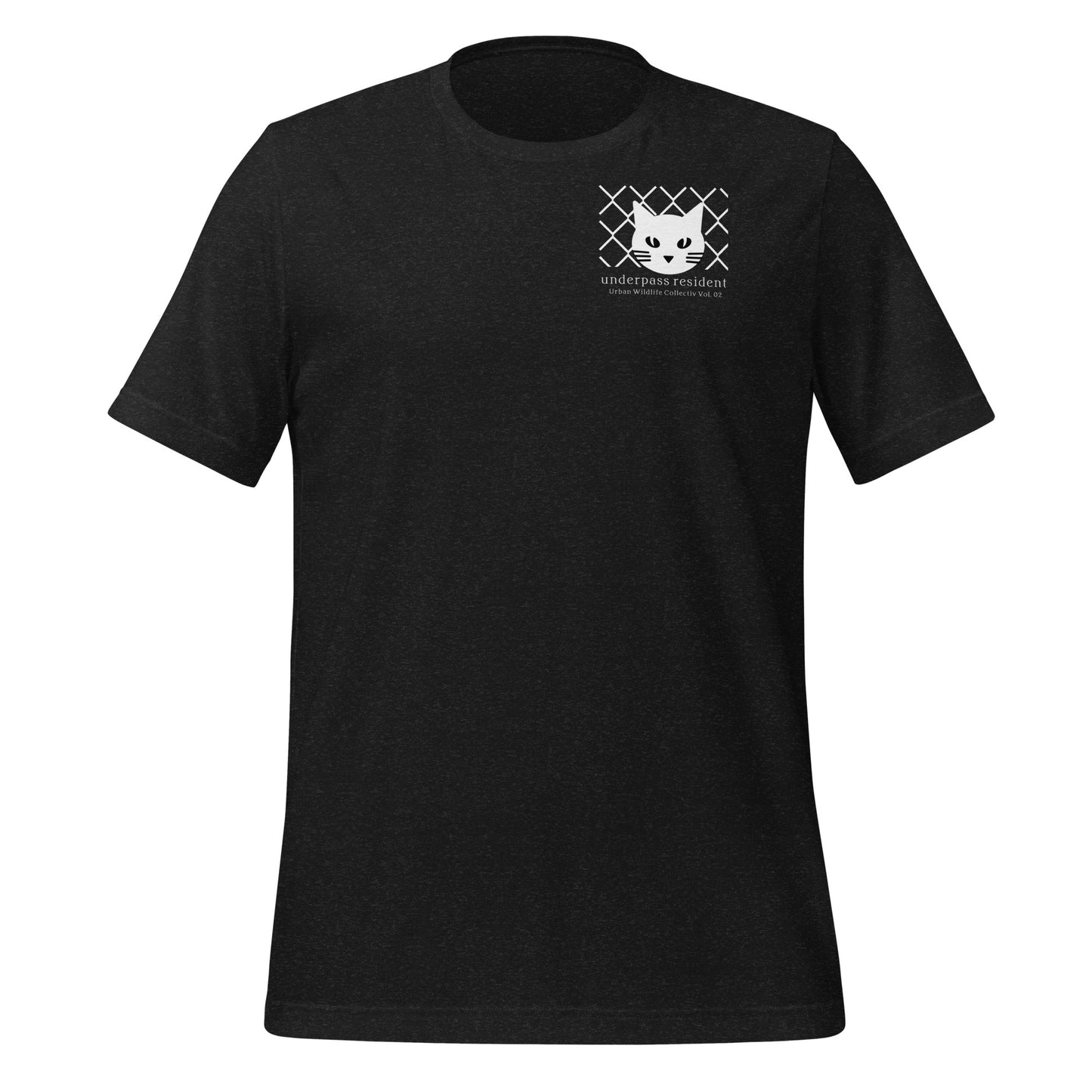 Front view of black minimalist Japanese streetwear t-shirt with subtle feline chest insignia.