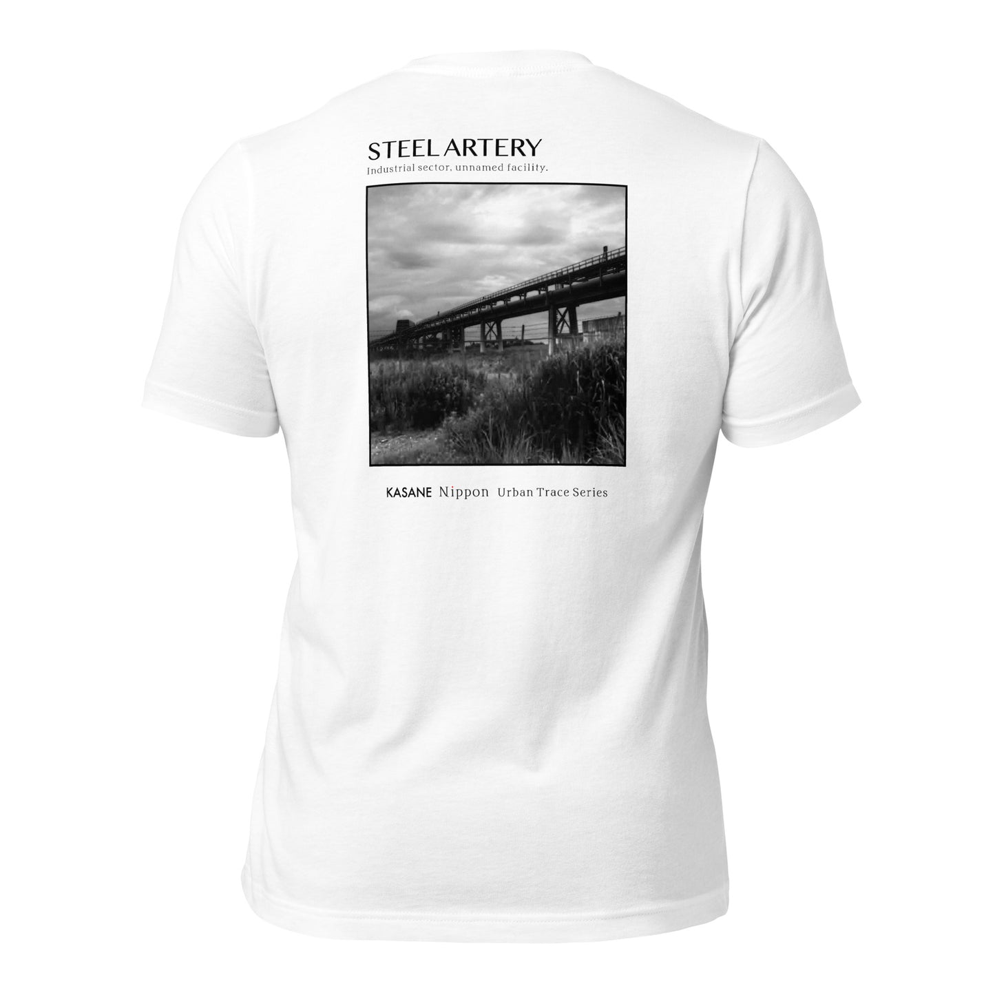 Back view of white minimalist Japanese graphic t-shirt featuring monochrome industrial pipeline photography.