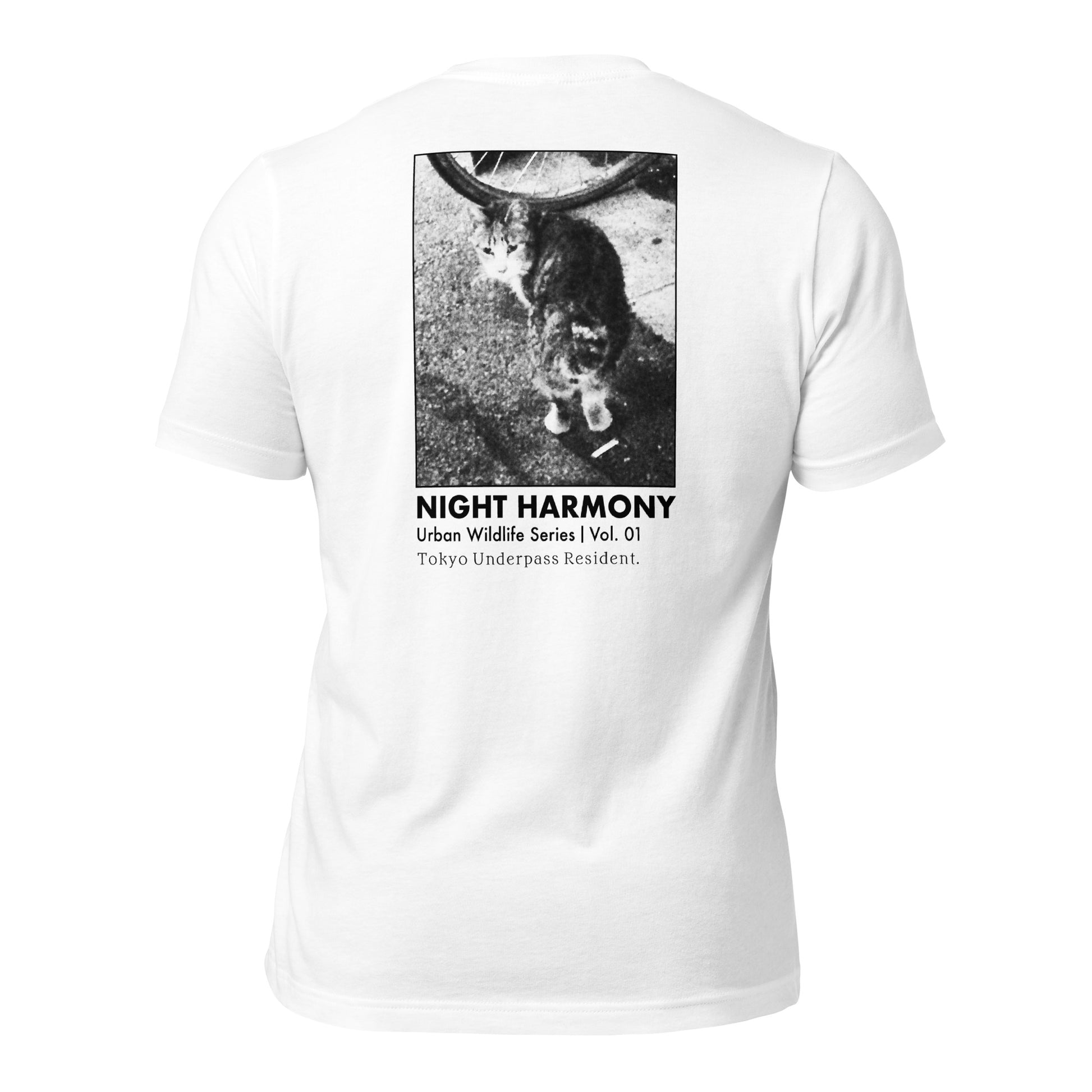 Back view of white minimalist Japanese graphic t-shirt featuring monochrome urban street cat photography.
