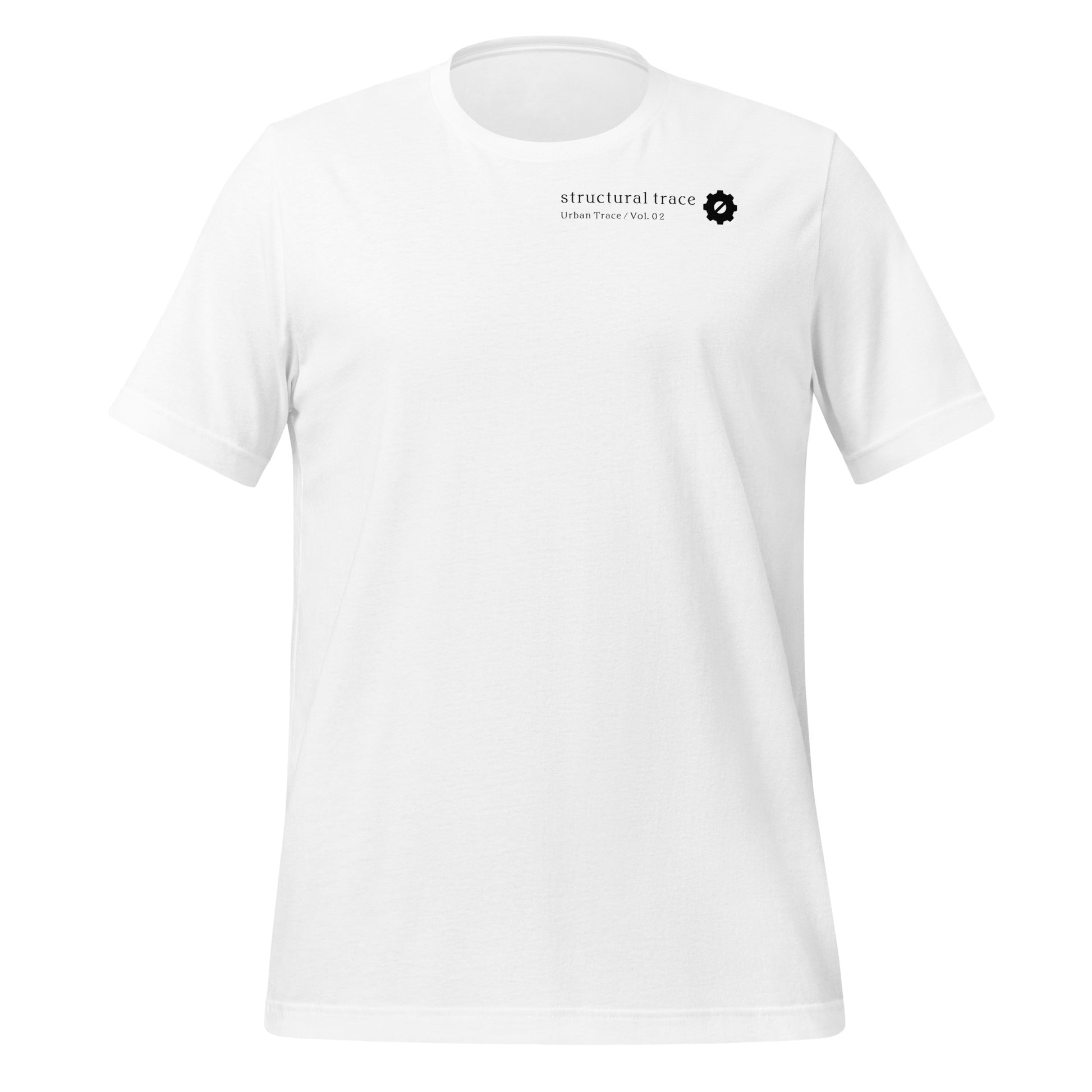 Front view of crisp white minimalist Japanese streetwear t-shirt with subtle gear chest insignia.
