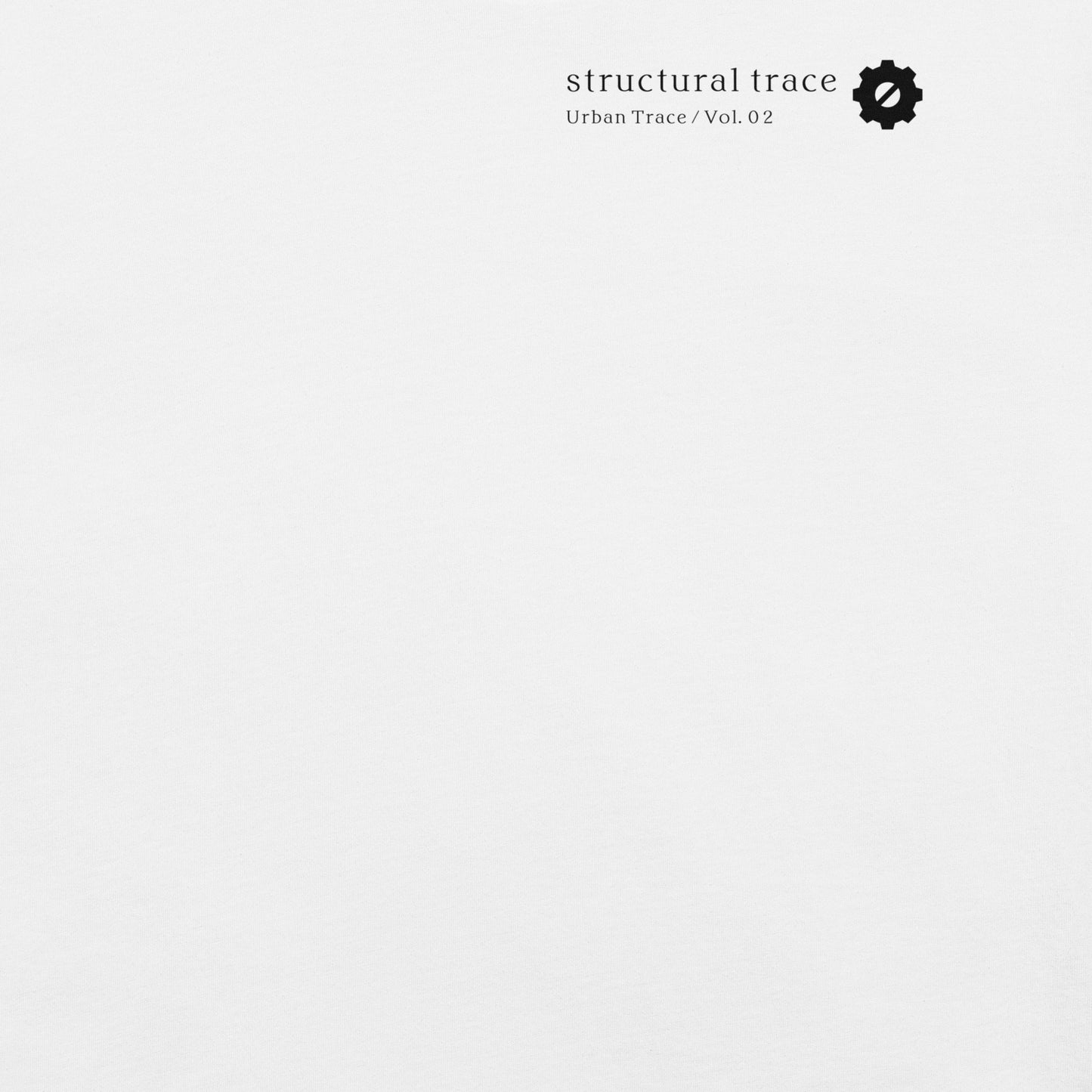 Minimalist gear symbol logo detail on white t-shirt, Japanese industrial streetwear aesthetic.