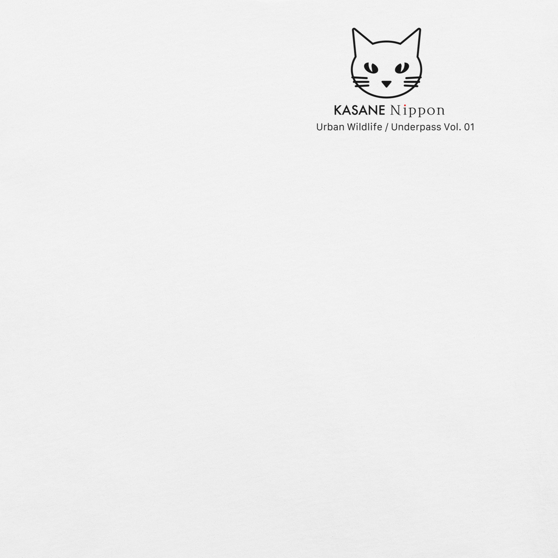 Minimalist chest insignia logo detail on white t-shirt, Japanese urban streetwear aesthetic.