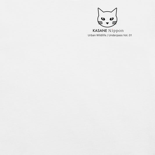 Minimalist chest insignia logo detail on white t-shirt, Japanese urban streetwear aesthetic.